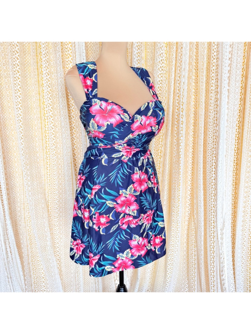 Retro Tiki Tropical Floral Swimdress One Piece Plus Size Swimsuit Sz 3XL